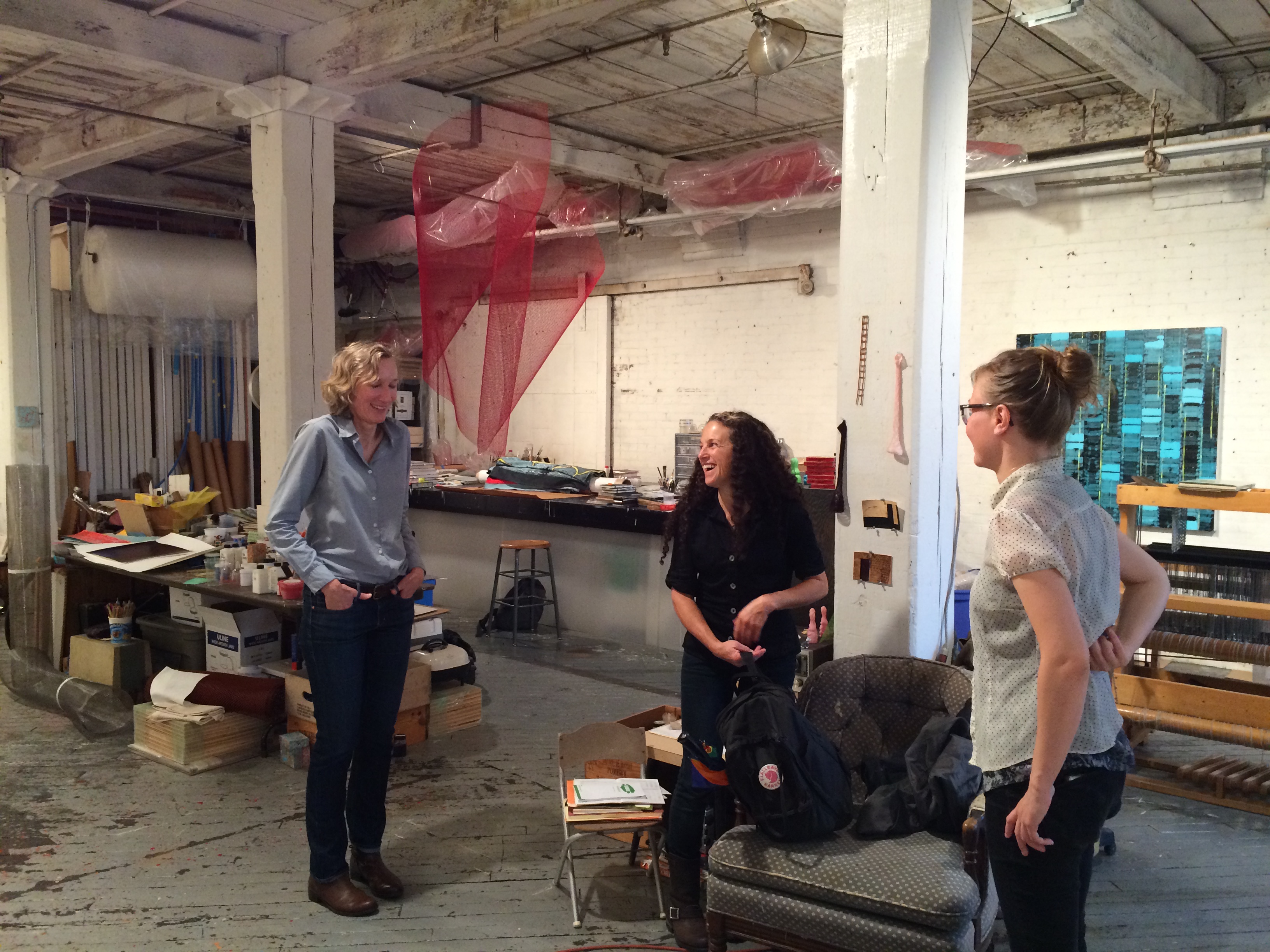 Anette Cords, Lisa Sigal and Nova Benway during the studio visit; photograph by David Anaya Maya